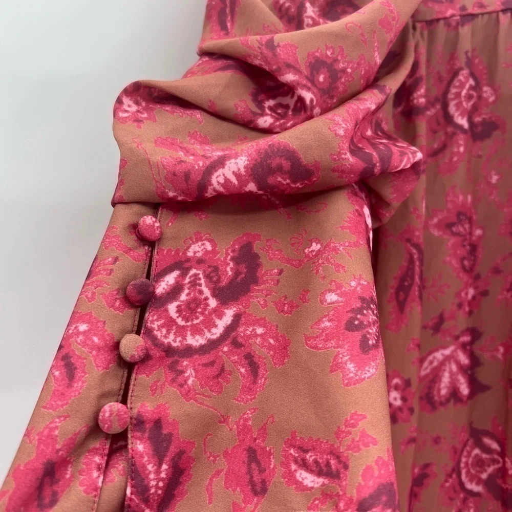 Boohoo Printed Puff Sleeve Ruffle Neck Smock Dress | Size 14 (XL) NWT